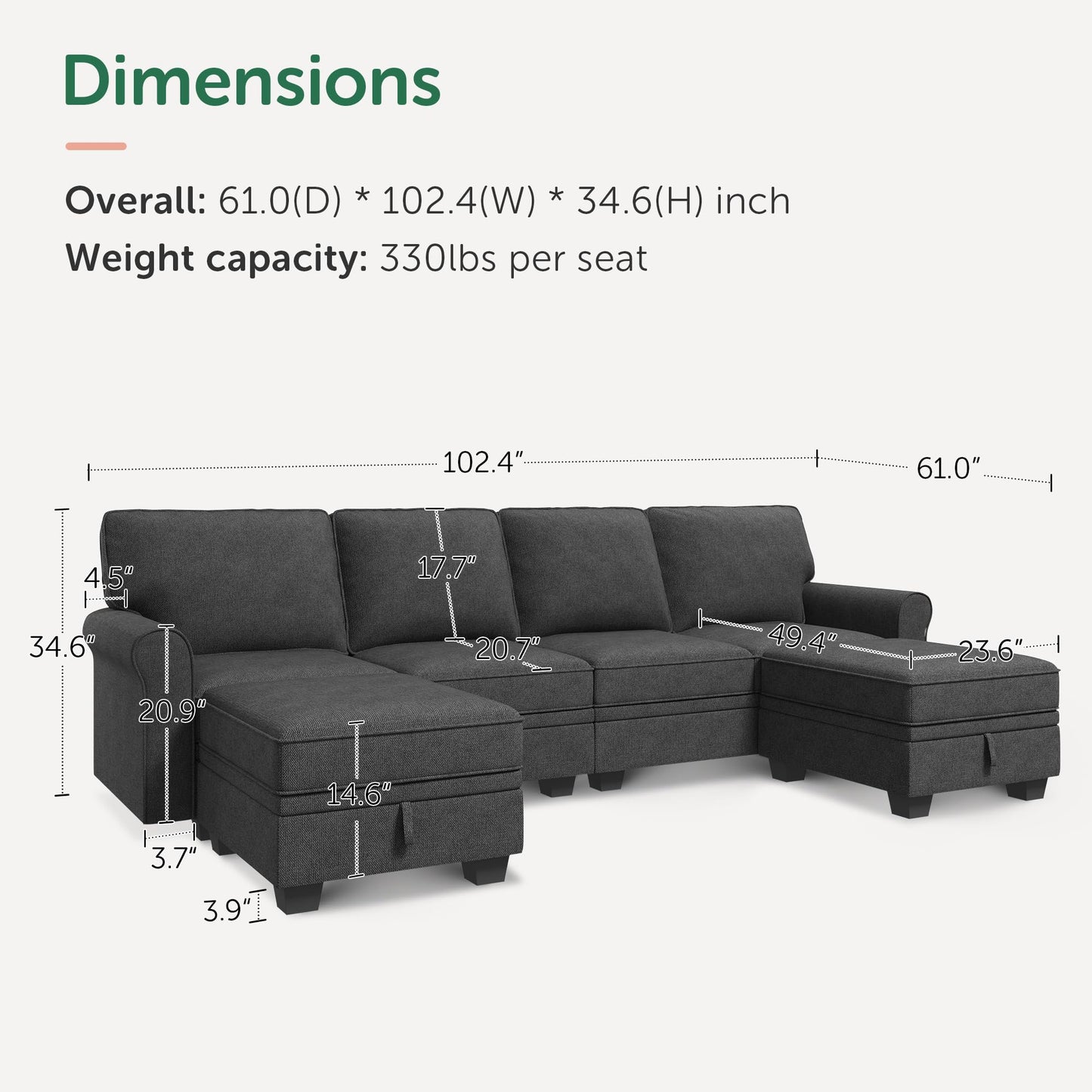 HONBAY Sectional Sofa with Storage Seat U Shaped Sectional Couch with Reversible Chaise Convertible Sectional Couches for Living Room,Dark Grey