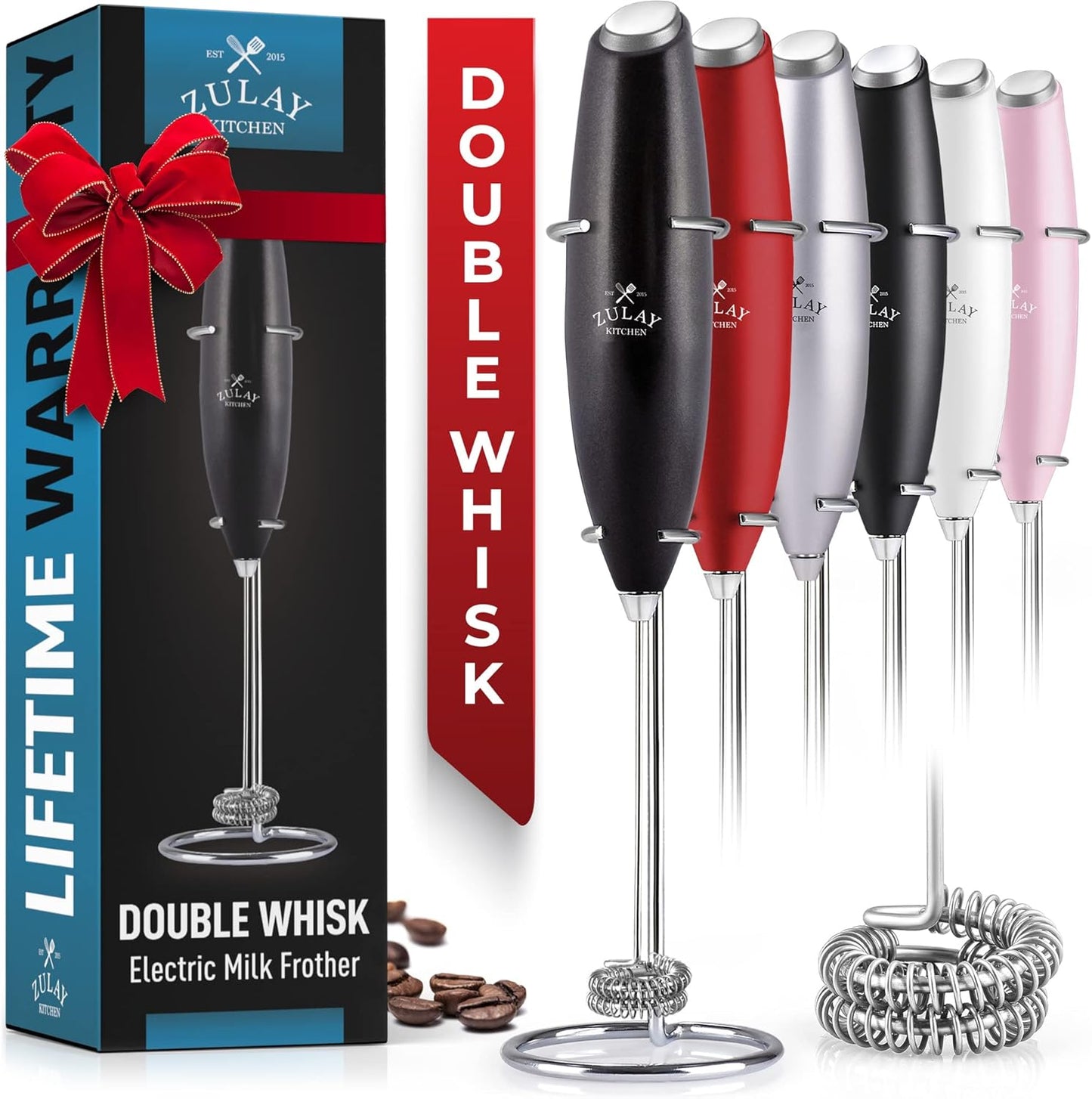 Zulay Kitchen Handheld Powerful Double Whisk Milk Frother - Foam Maker with Stand for Coffee, Latte, Matcha, Frappe,