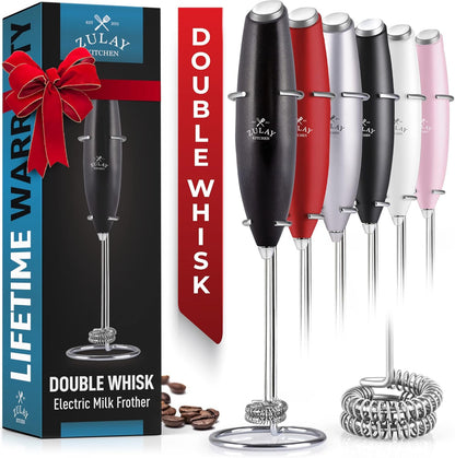 Zulay Kitchen Handheld Powerful Double Whisk Milk Frother - Foam Maker with Stand for Coffee, Latte, Matcha, Frappe,