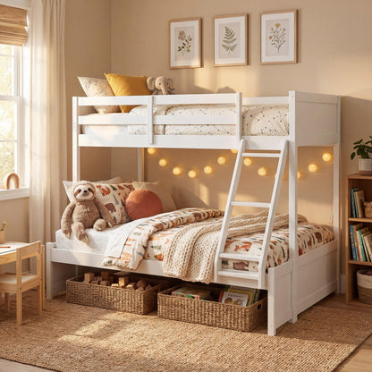 KOMFOTT Twin Over Full Bunk Bed, Pine Bed Frame with 3-Step Ladder, Full-Length Guardrails & 21 Wooden Support Slats, Solid Wood Bunk Bed for Teens, Kids, Adults, Dorms and Apartments (White)