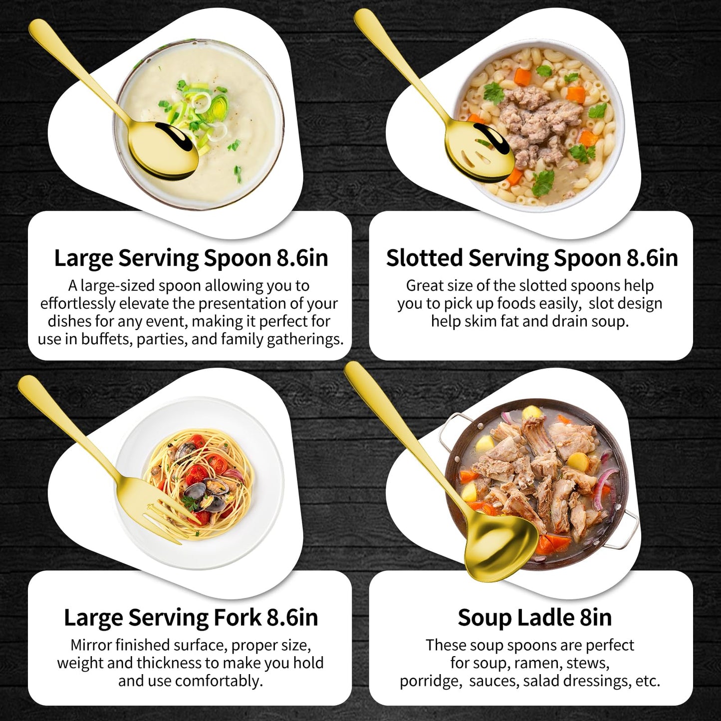 Gisly Gold 12 Pieces Serving Utensils Include Large Serving Spoons,Slotted Serving Spoons,Serving Forks,Serving Tongs,Appetizers Tongs,Soup Ladle and Pie Cake Server for Buffet Catering