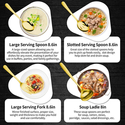 Gisly Gold 12 Pieces Serving Utensils Include Large Serving Spoons,Slotted Serving Spoons,Serving Forks,Serving Tongs,Appetizers Tongs,Soup Ladle and Pie Cake Server for Buffet Catering