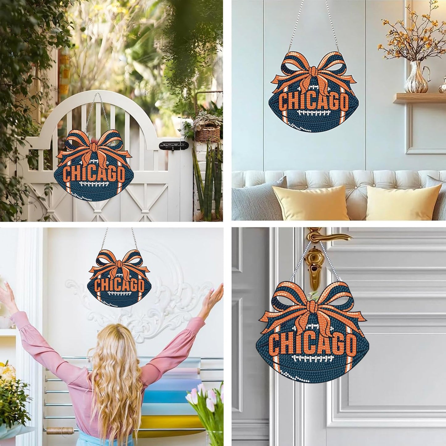 Rertcioph Football Diamond Art Hanging Kit for Adults, DIY Acrylic 5D Diamond Painting Hanging Ornament for Chicago Home Wall Decor and Gift