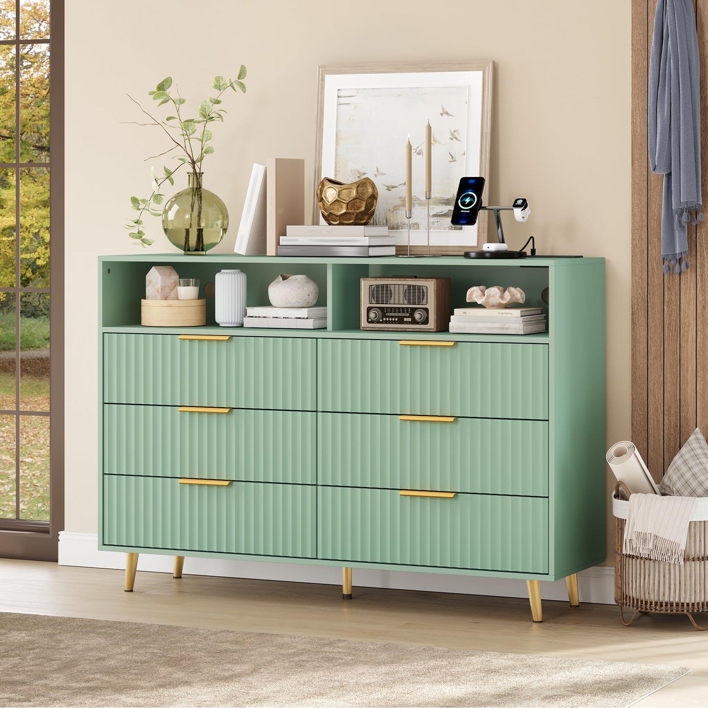 6 Drawers Dresser for Bedroom, 53.9" Wide Dressers with LED Lights and Charging Station, Curved Profile Design, Fluted Wood Drawers with Gold Handle, Modern Chest of Dressers for Living Room, Green