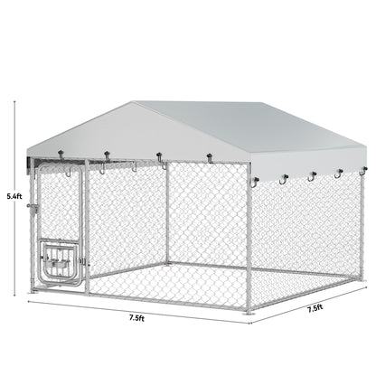 YITAHOME Outdoor Dog Kennel with Rotating Feeder Bowls, 7.5'x7.5' Outdoor Dog Enclosure with Roof, Heavy Duty Dog Cage for Medium Large Dogs