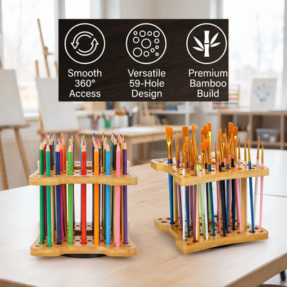 Cedilis 2 Pack Rotating Paint Brush Holder, 59 Holes Bamboo Paintbrush Holder Organizer for Pen, Pencil, Watercolor Brushes, Artist, No Assembly Required