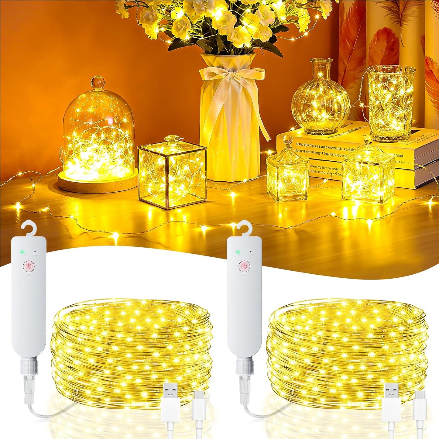 Skiennix Fairy Lights - 32FT Rechargeable Battery Operated Mini LED String Lights | Waterproof Warm White for Bedroom & Party Decor