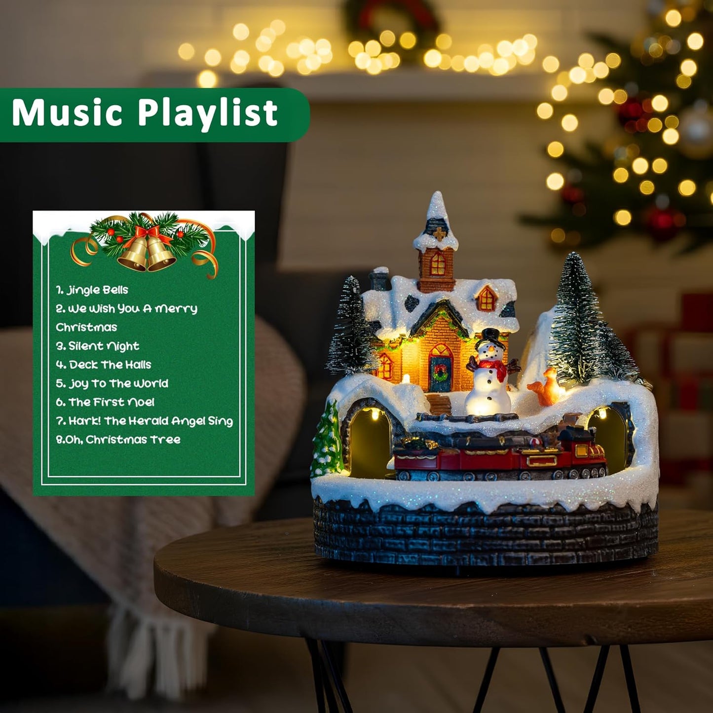 Skiennix Animated Musical Christmas Village Figurines - LED Lights & Rotating Train | Holiday Home Decor