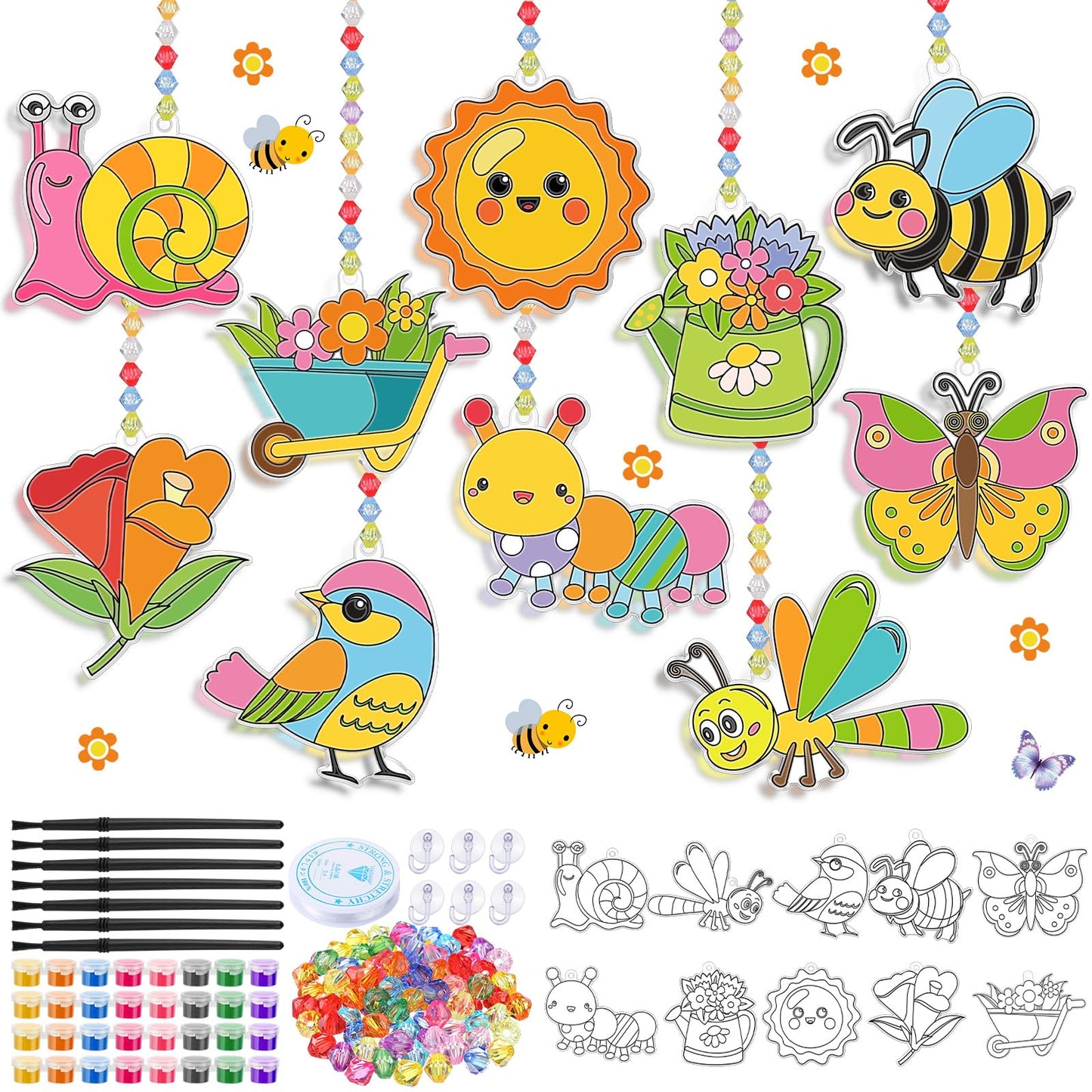Beeveer 30 Sets Summer Suncatchers Craft DIY Summer Stained Glass Kit Paint Your Own Flower Butterfly Bee Window Art Ornaments for Easter Activities Party Favor