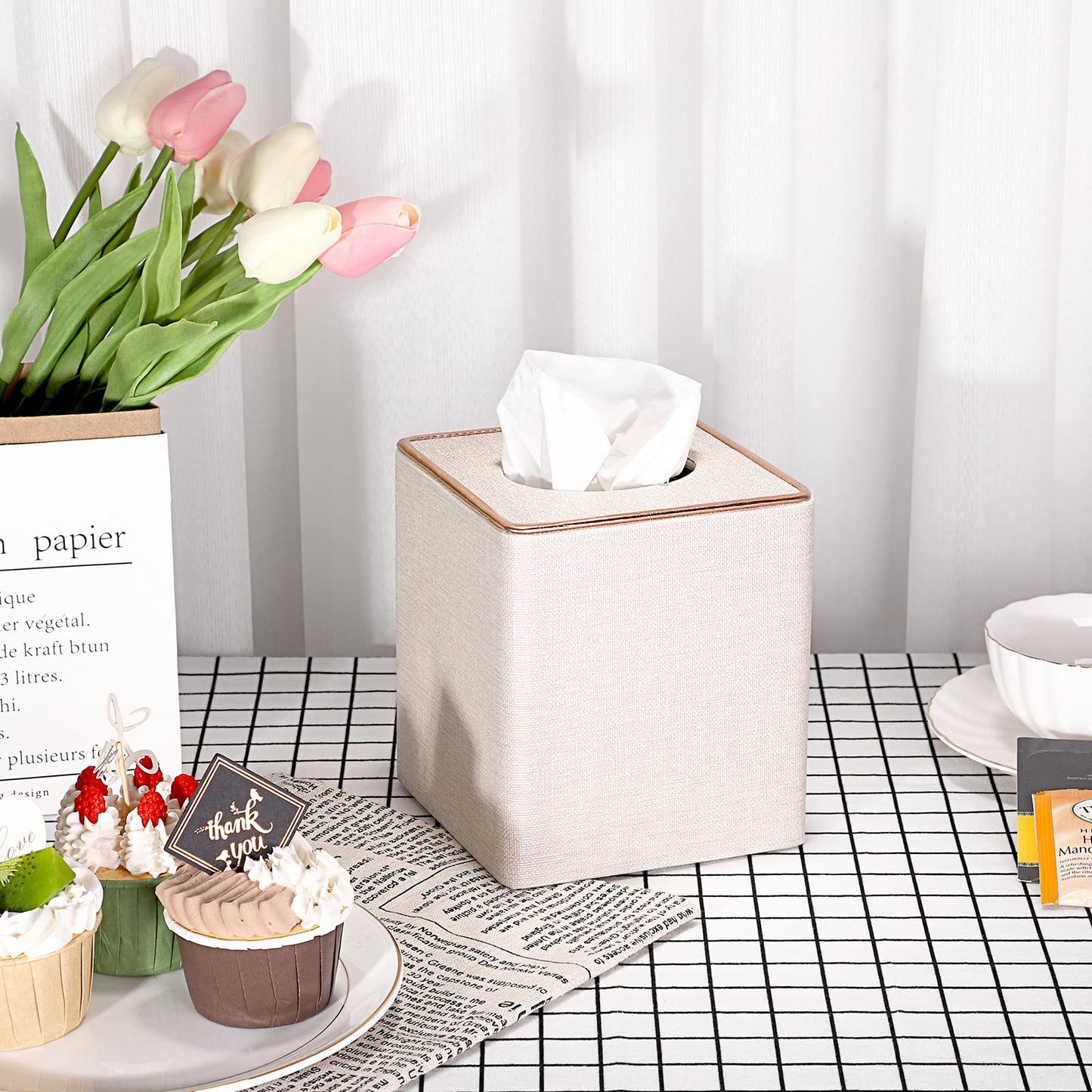 Sumnacon Square Linen Tissue Box Cover - Stylish Cube Tissue Box Holder with Magnetic Bottom, Decorative Tissue Box for Vanity Toilet Tank Dresser Night Stand Table Countertop Office Car, Beige