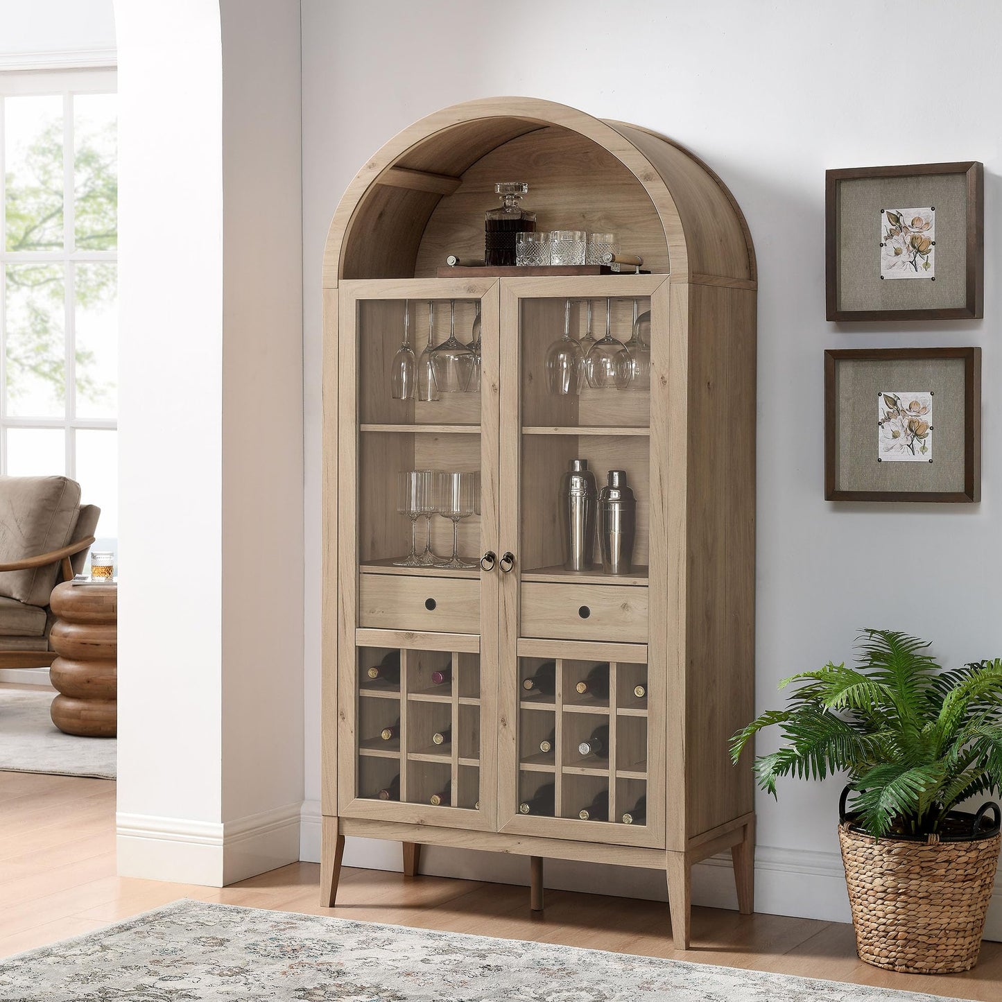 Modway Nolan Modern Farmhouse Arched Bar Cabinet in Light Oak Wood Grain - 72 Inch Tall Wine Storage Cabinet with Glass Doors and Wine Rack - Large Liquor Cabinet for Dining or Living Room