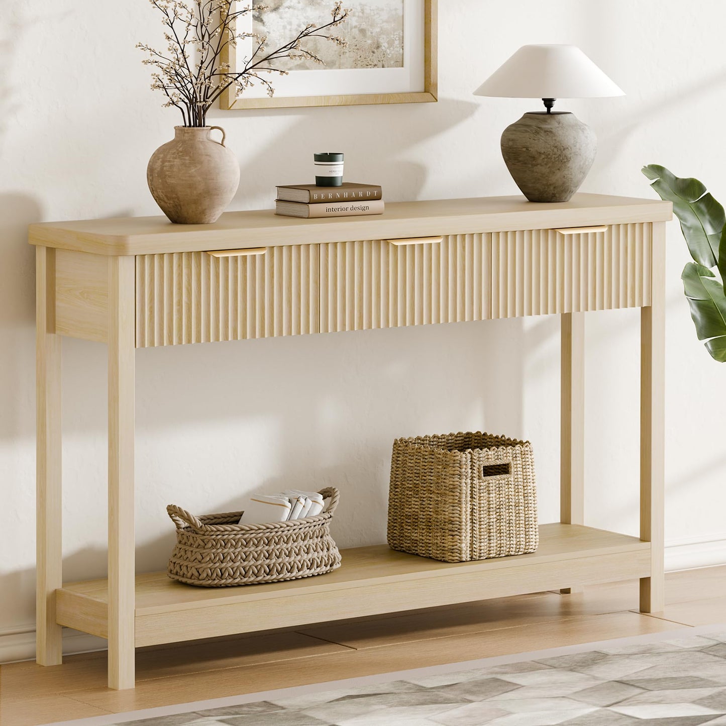 Lulive 51" Fluted Console Table for Entryway, Entryway Table with 3 Wooden Drawers, Farmhouse Behind Sofa Table for Living Room, Hallway, Couch, Foyer