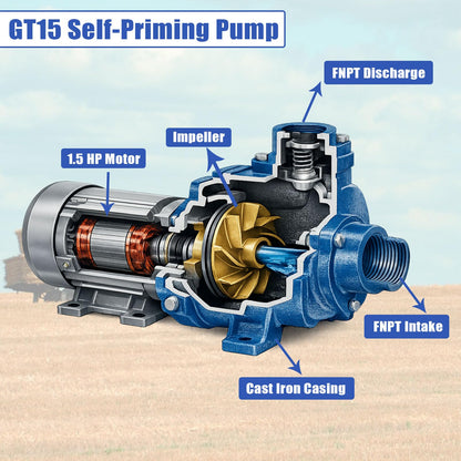 GT15 Self-Priming Centrifugal Pump, 1.5HP, Single Phase Cast Iron Water Pump for Agricultural & Landscape Irrigation