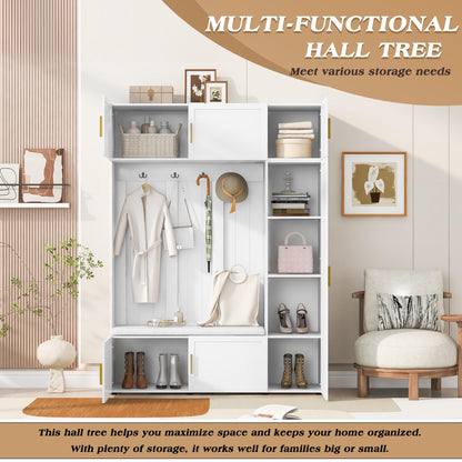 Merax 4-in-1 Hall Tree with Padded Bench, Coat Hooks, and Multi-Tier Storage Shelves – American Style Entryway Organizer for Shoes, Bags, Hats, and Daily Essentials, White