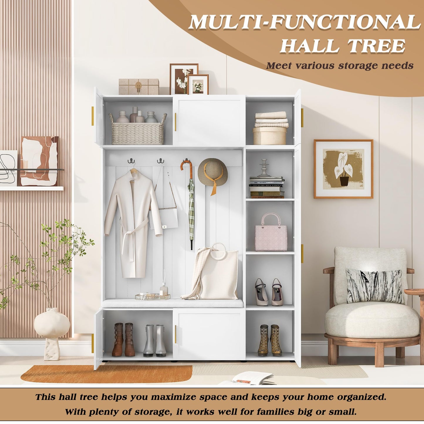 Amposei Modern Hall Tree with Shoe Storage Bench & Coat Rack, 79.72''H Tall Entryway Cabinet Organizer with 6 Doors, 4 Hooks & Padded Seat for Hallway Mudroom Living Room, White