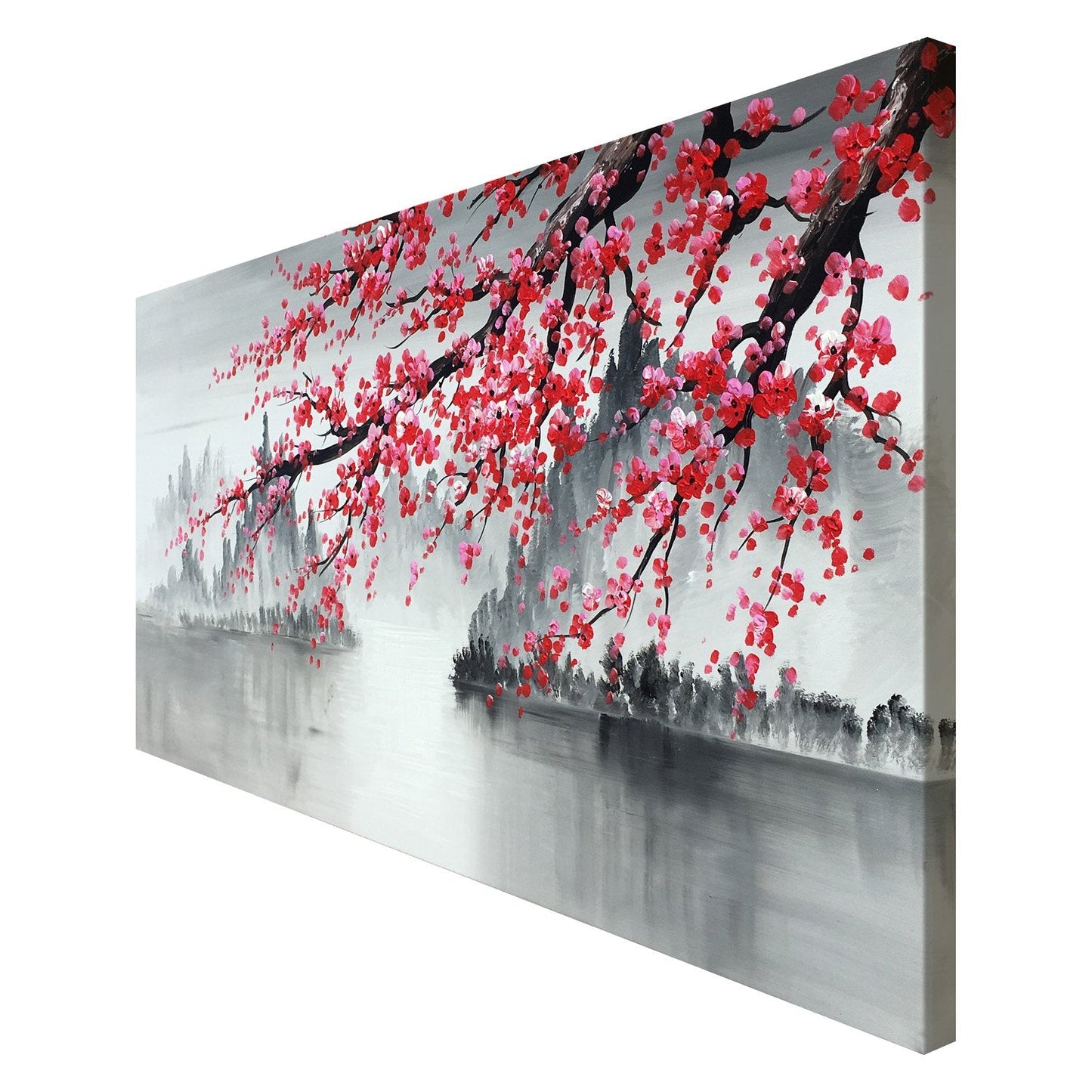 Handmade Traditional Chinese Oil Painting Pink Plum Blossom Canvas Wall Art Modern Black and White Landscape Artwork
