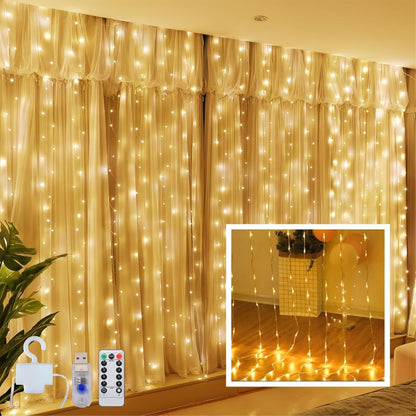 Skiennix 300 LED Curtain String Lights - Warm White, 8 Modes, Remote & Timer, USB Operated, Waterproof for Indoor/Outdoor Decor