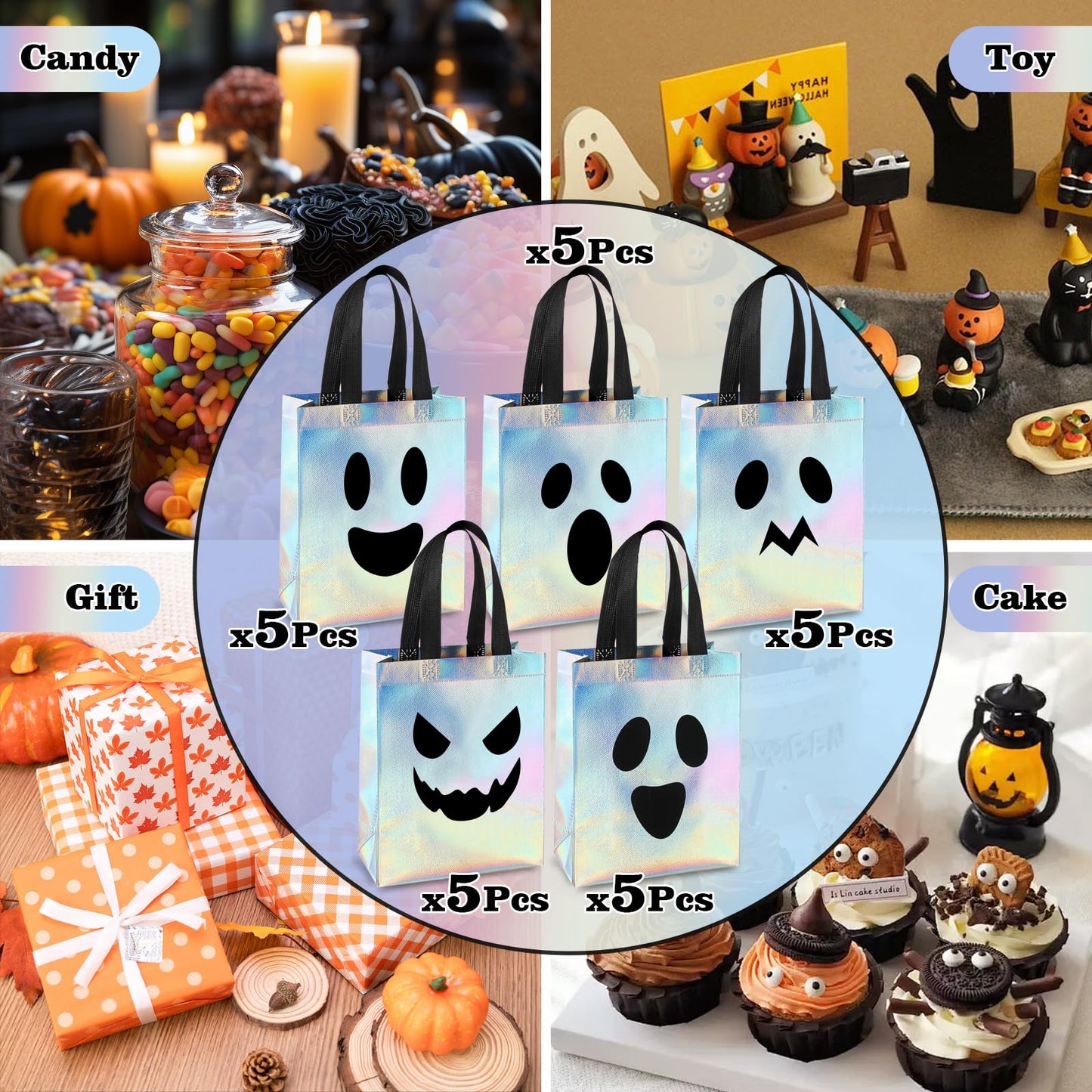 KAWZBYN 30 Pcs Halloween Ghost Gift Bags Iridescent Holographic Candy Goodie Bag Reusable Non woven Gift Bags for Girls Halloween Trick or Treat Party Supplies Favors, 8''x4''x10''