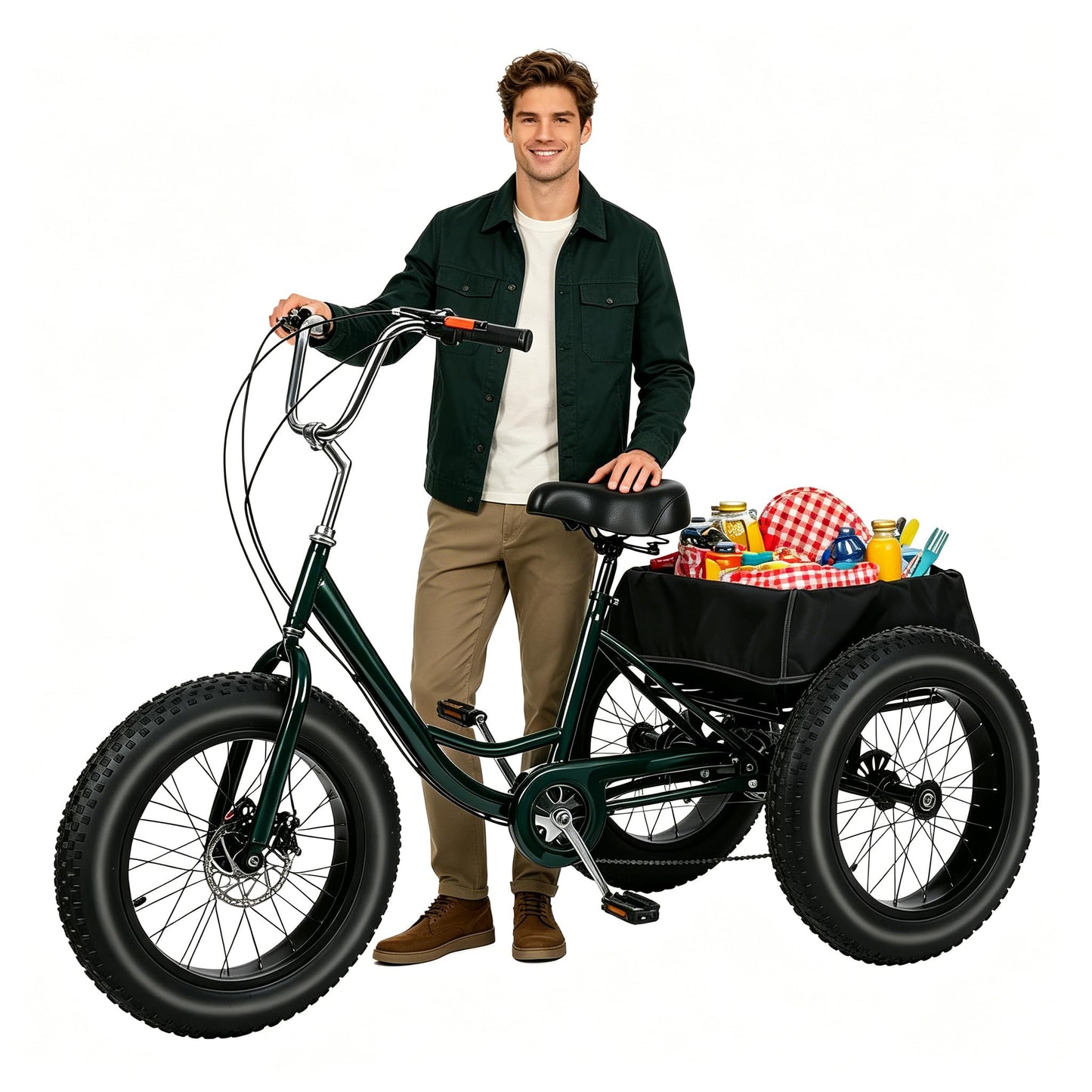nawoefii Fat Tire Tricycle for Adults 20 Inch, 3 Wheel Bike for Adults Men Women, 7 Speed Cruise Trike with Big Basket, 450 LBS Load All Terrain Heavy Duty Three-Wheeled Cargo Bicycle