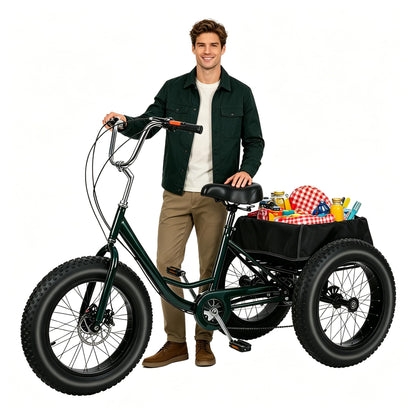 nawoefii Fat Tire Tricycle for Adults 20 Inch, 3 Wheel Bike for Adults Men Women, 7 Speed Cruise Trike with Big Basket, 450 LBS Load All Terrain Heavy Duty Three-Wheeled Cargo Bicycle