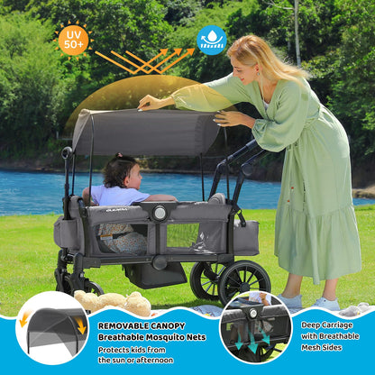ELEMARA Foldable Wagon Stroller, Stroller Wagon for 2 Kids, Premium All Terrain Wagon for Kids with Removable Canopy, Adjustable Push/Pull Handle, Harnesses, Large Storage Bag, Gray