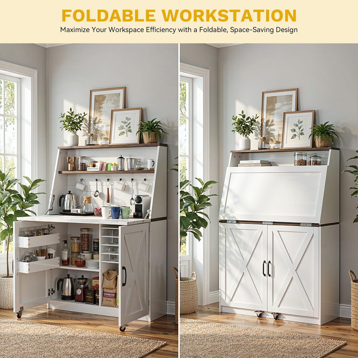 DWVO Folding Sewing Table with Charging Station & Storage, Multi-Function Craft Desk with Lockable Wheels, Magnetic Doors & Hidden Storage