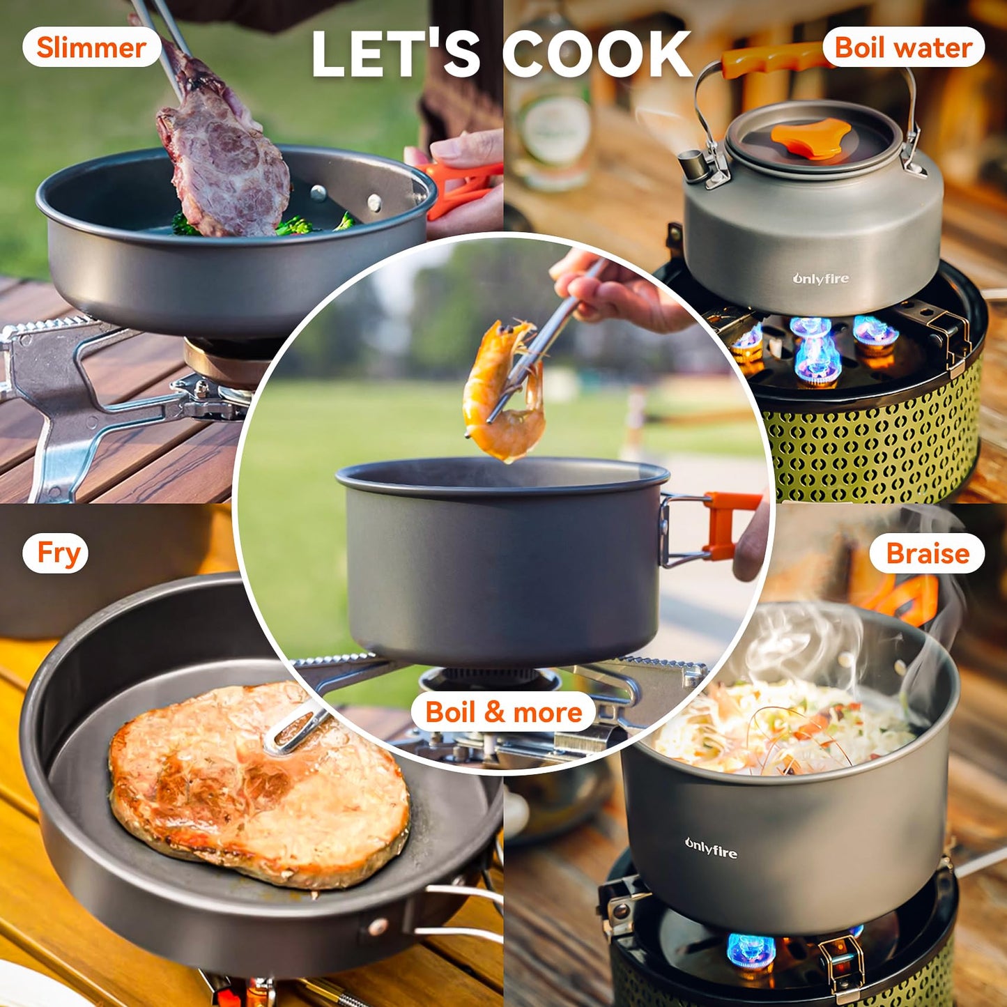 ONLYFIRE OUTDOOR LIVING14pcs Camping Cookware Set, Lightweight Nonstick Pots, Pan, Kettle, Utensils, Bowls, and Cleaning Tool with Mesh Bag for Camping Hiking Backpacking RV Tailgating Cooking, CT604