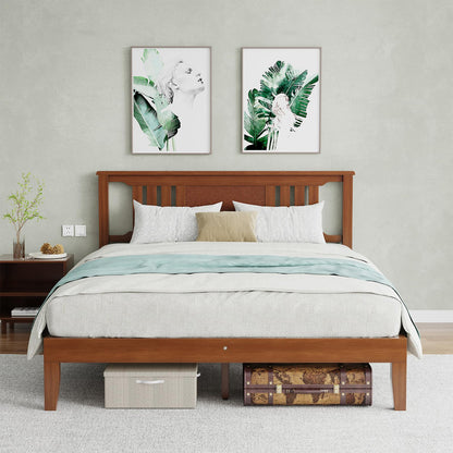HAPPYMONT Solid Wood Bed Frame, Queen Size Platform Bed Frame with Headboard, Sturdy Wood Slat Support, Heavy Duty Pine Wood Bed Frame for Bedroom, No Box Spring Needed