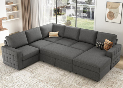 HONBAY Sectional Sleeper Sofa with Pull Out Bed U-Shape Sectional Couch Sleeper Bed with Storage Chaise 6 Seater Sleeper Sectional Sofa, Light Grey