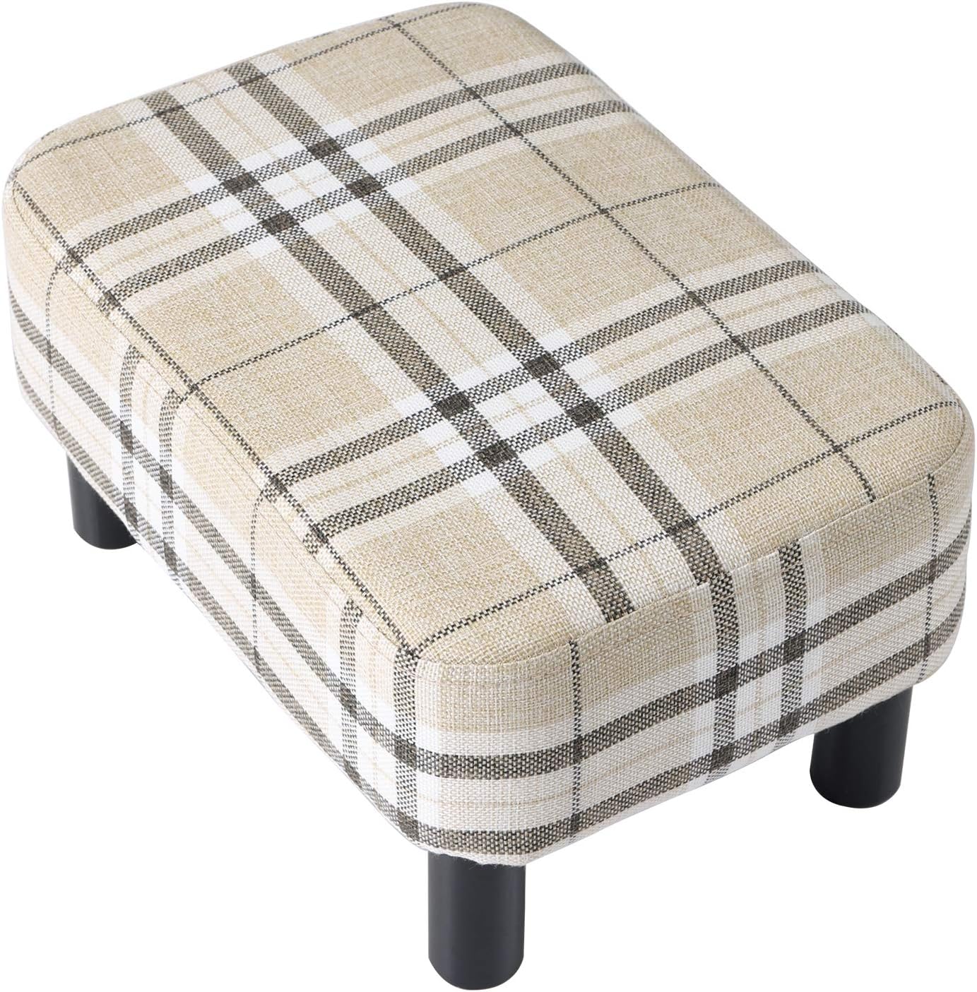 16.54" RF-BD215 IBUYKE Small Footstool, Linen Fabric Pouf, with Padded Seat Pine Wood Legs and Padded Rectangular
