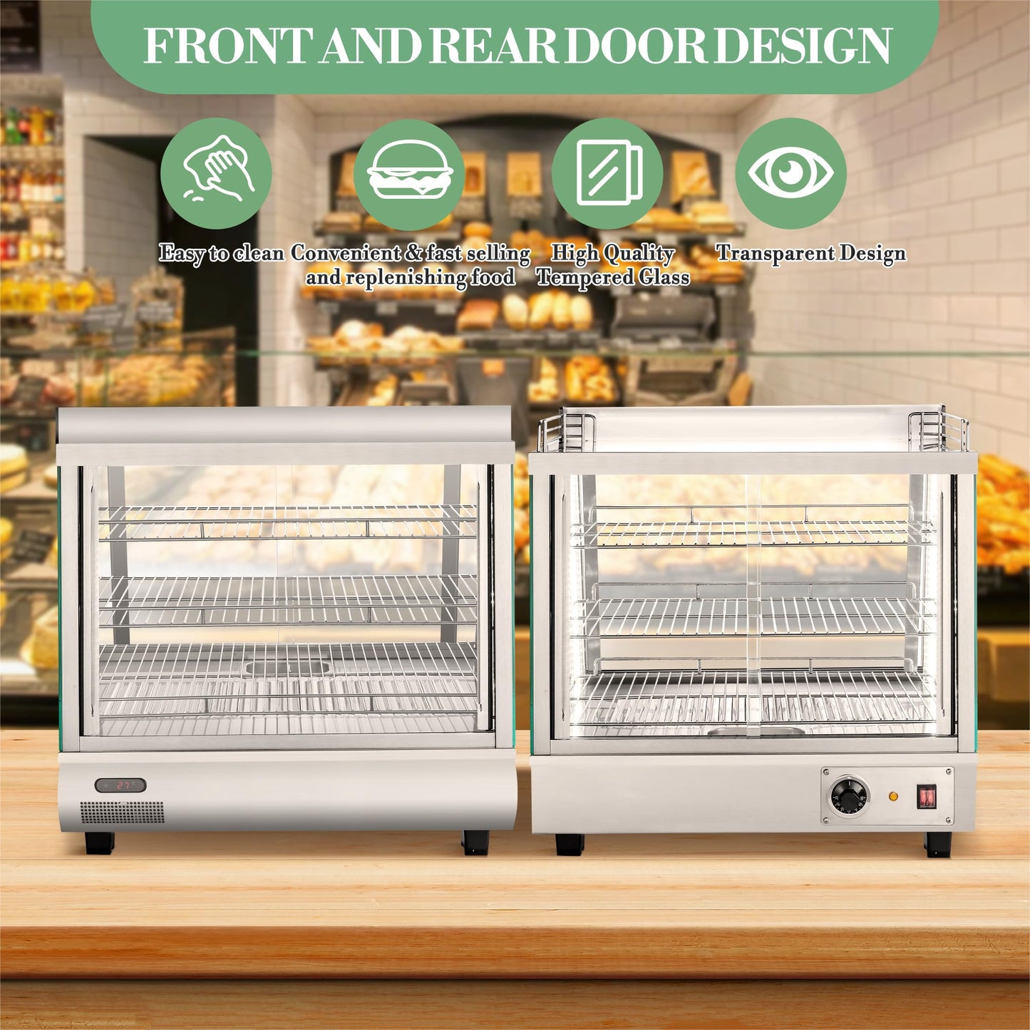 GAOMON Commercial Countertop Display Warmer, 3 4 Cu Ft Food Display Case, Stainless Steel Glass Showcase, Adjustable Temperature Control, 2 Door Heated Case for Cafe Bakery Concession Stand, Silver