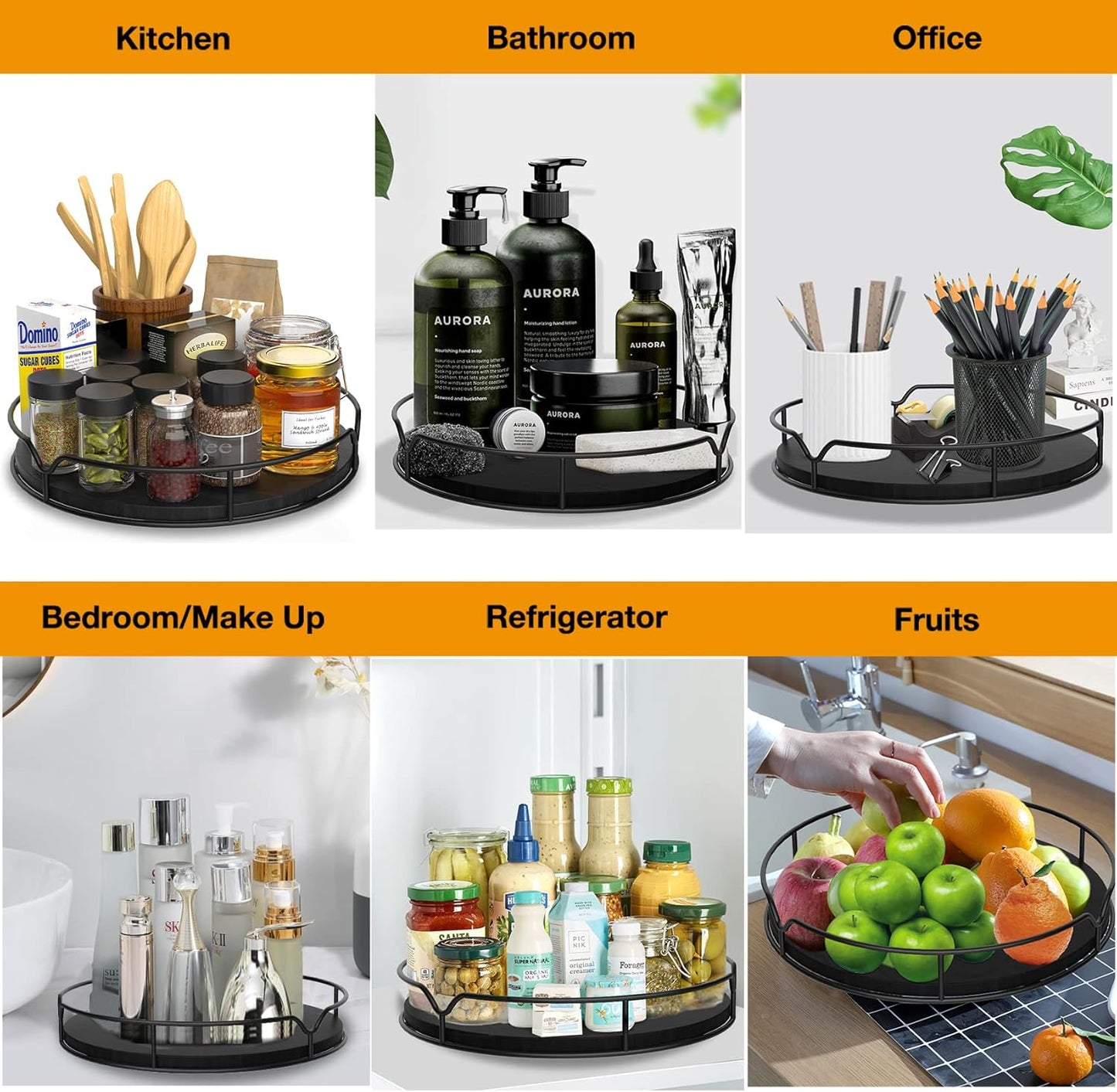 Lazy Susan Turntable Organizer for Cabinet Pantry - Kitchen Countertop Refrigerator Cupboard, Pine Wood, 9", Black