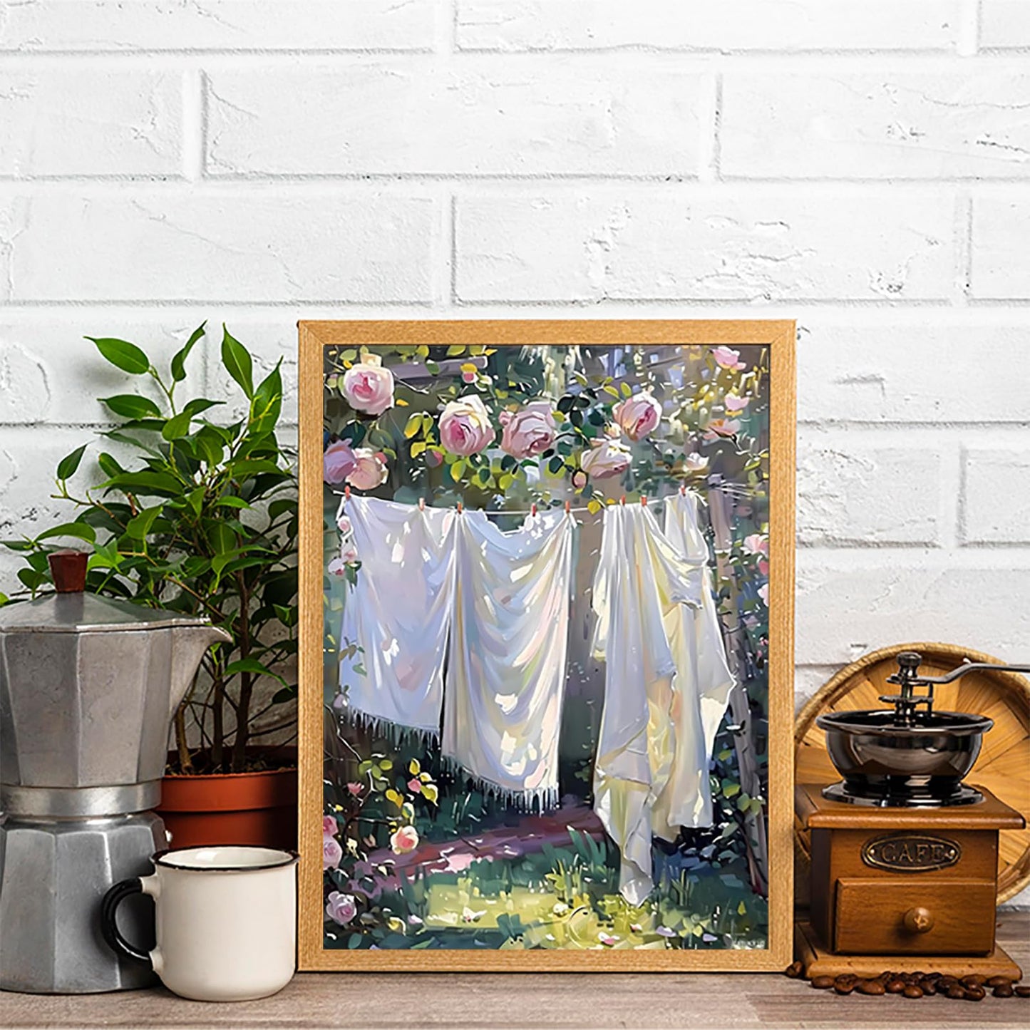 5D Diamond Painting Kit Laundry Hanging on the Line in the Garden Diamond Art Kits for Adults DIY Laundry Round Full Drill Paintings with Diamonds Gem Art for Adults Home Wall Decor 12x16 inch