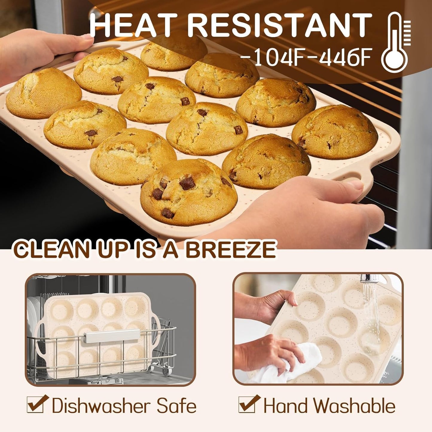 Silicone Muffin Pan, 12 Cups Baking Mold with Reinforced Stainless Steel Frame, Non-stick Bakeware