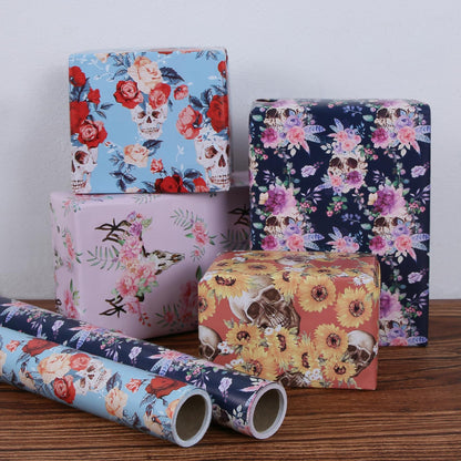 Aimyoo Blue Skull Floral Wrapping Paper Jumbo Roll 17 in x 60ft, Gothic Gift Wrap Paper for Halloween Wedding Bridal Shower