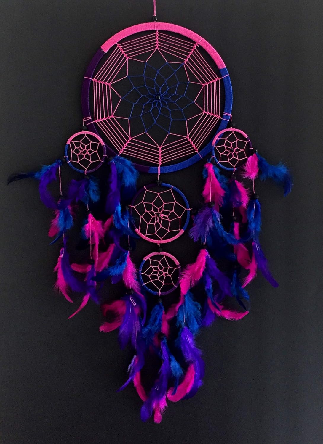 OMA Dream Catcher with Traditional Tie Dye Colors, Pink, Blue & Purple Feathers, 8.5" Diameter & 30" Long