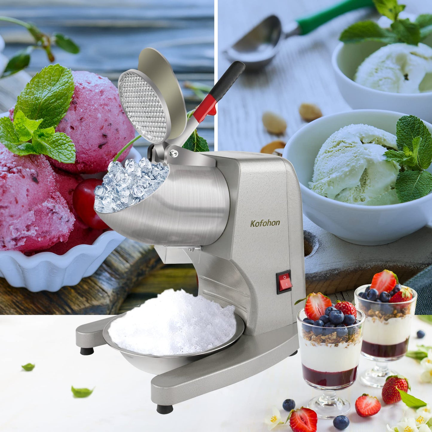 KOFOHON Electric Ice Shaver,Shaved Ice Machine Strong Powerful For Home&Commercial Use,Steel Ice Crusher With Dual Blades&Lips,Higher Ice Outlet for Plate,Bowl&Cup,300W/2200rpm/220lbs/hrs.