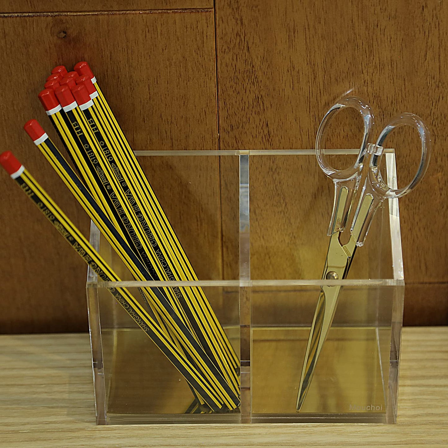 Mouchoi Modern Acrylic Pen Holder with 2 Compartments Gold Base, Multifunctional Pencil Holder for Desk Gold Mirror, Makeup Brush Holder, Marker Holder for Office, Classroom, Home