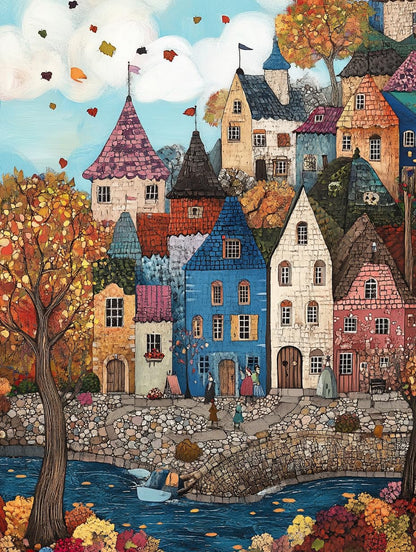 VOAA 5D Diamond Art Painting European Town Kit - DIY Paint with Diamond Art Abstract Round Full Drill Craft, Home Decor Embroidery Set with Canvas, Tools, Sparkling Diamonds - 12x16 inch