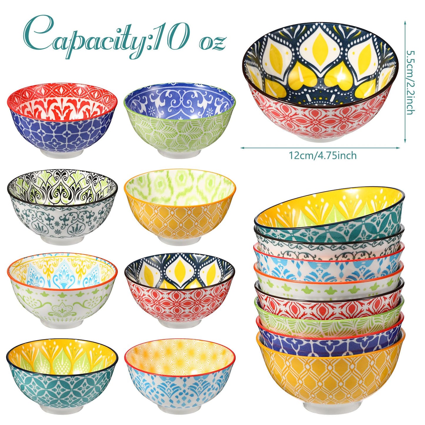 8 Pcs Colorful Ceramic Bowl Set 10 oz 4.75'' Porcelain Kitchen Soup Cereal Serving Bowls for Ramen Rice Dessert Snack Salad Ice Cream Pasta Oatmeal Microwave and Dishwasher Safe(Classic)