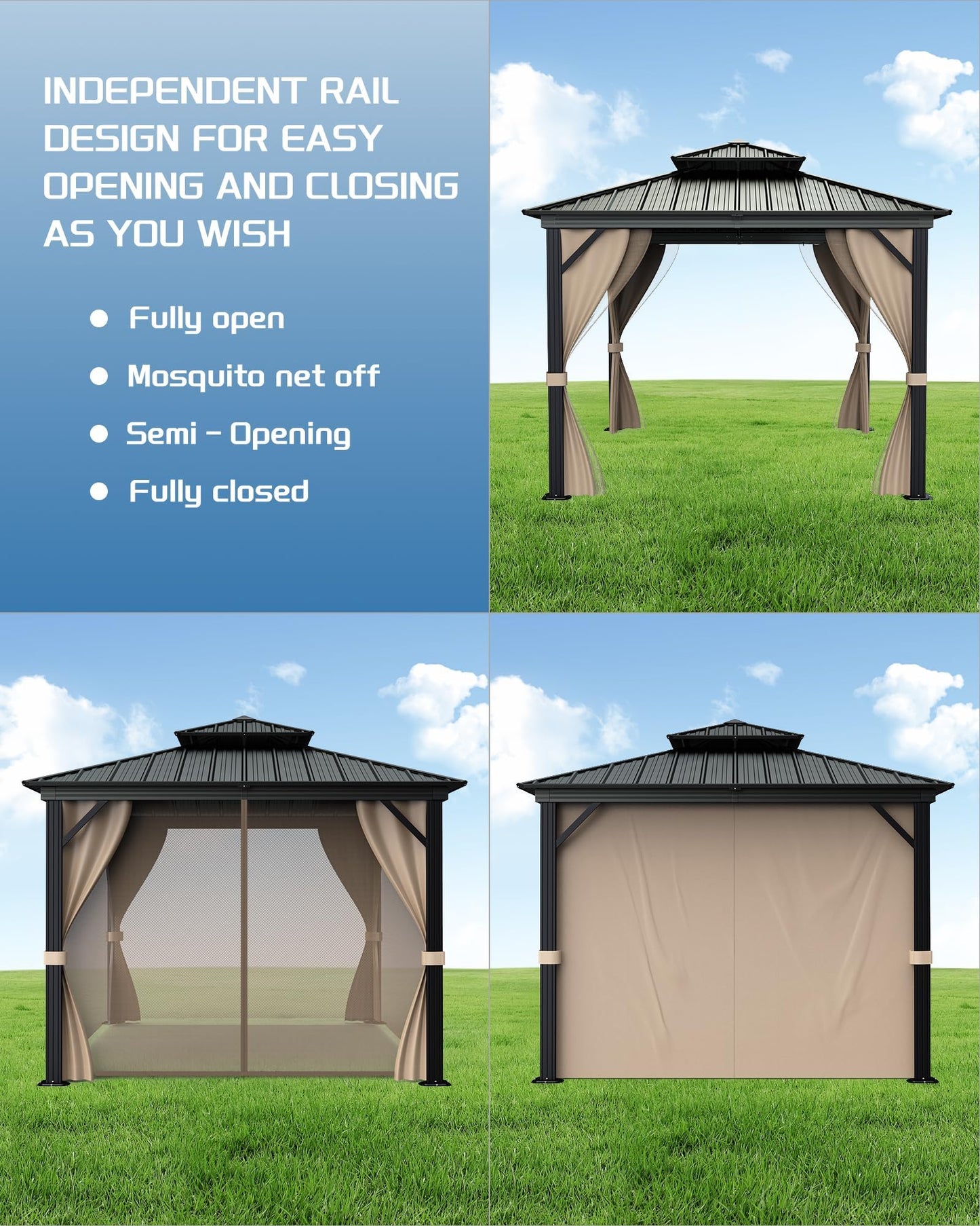 GarveeLife 10 ft x10 ft Hardtop Gazebo for All Weather, with Double Metal Roof, Aluminum Alloy Frame, Net, and Curtain, Permanent Building for Patio, Deck, Backyard, Lawn, and Garden