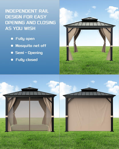 GarveeLife 10 ft x10 ft Hardtop Gazebo for All Weather, with Double Metal Roof, Aluminum Alloy Frame, Net, and Curtain, Permanent Building for Patio, Deck, Backyard, Lawn, and Garden