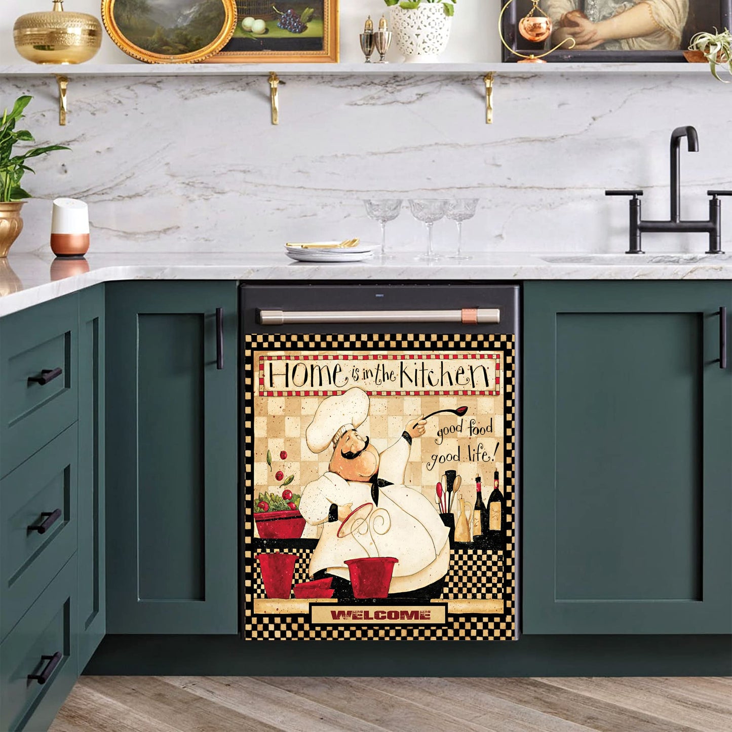 Yosa Chef Magnet Sticker, 23x26inch Plaid Dishwasher Sheet Decal, Classic Kitchen Refrigerator Door Decorative, Good Food Good Life Dishwasher Cover Panel Decals