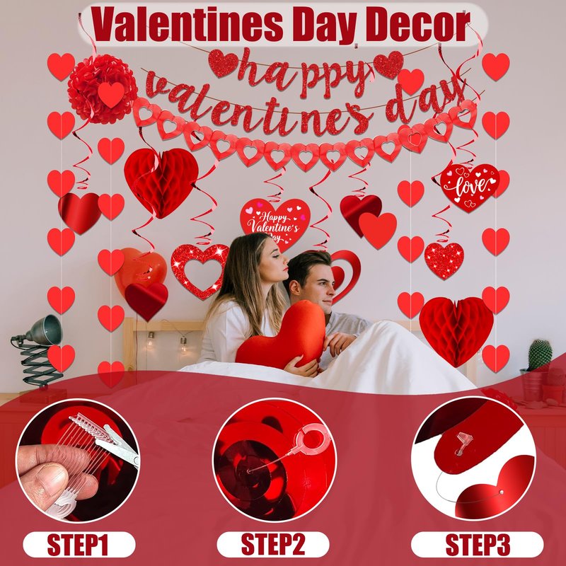 26Pcs Valentines Day Decorations Hanging Swirls Valentines Day Decorations Happy Valentine's Day Love Heart Garlands Banner Paper Honeycomb for Home Classroom Office Wedding Party Anniversary