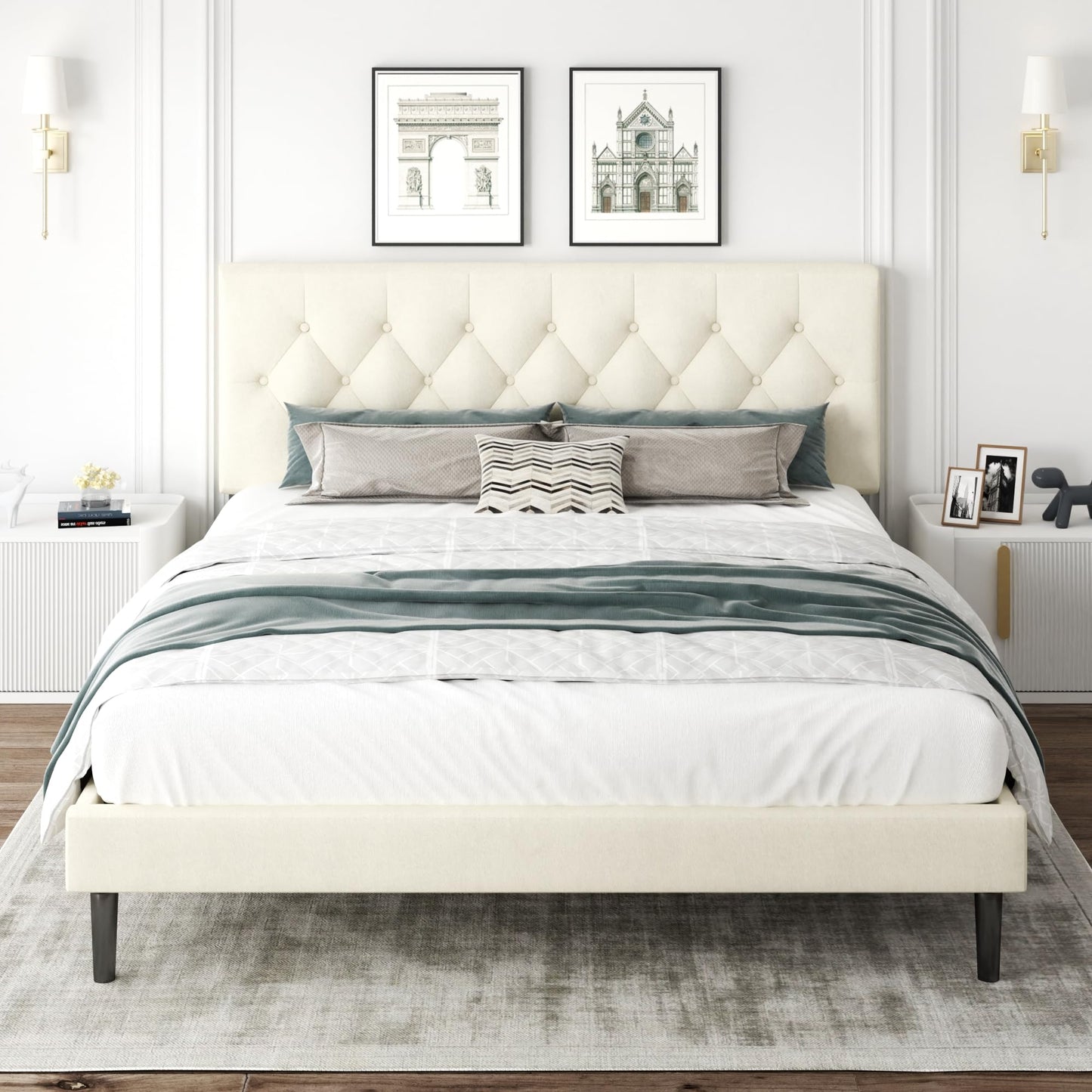 CXVX King Size Bed Frame with Upholstered Headboard, Button Tufted Design, Strong Wooden Slats, No Box Spring Needed, Easy Assembly, Noise Free