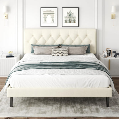 CXVX King Size Bed Frame with Upholstered Headboard, Button Tufted Design, Strong Wooden Slats, No Box Spring Needed, Easy Assembly, Noise Free
