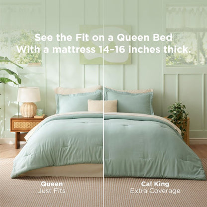 Bedsure Queen Comforter Set - 7 Pieces Sage Green Queen Bedding Set for All Seasons, Boho Contrasting Design Bed in a Bag with Comforter, Sheets, Pillowcases & Shams