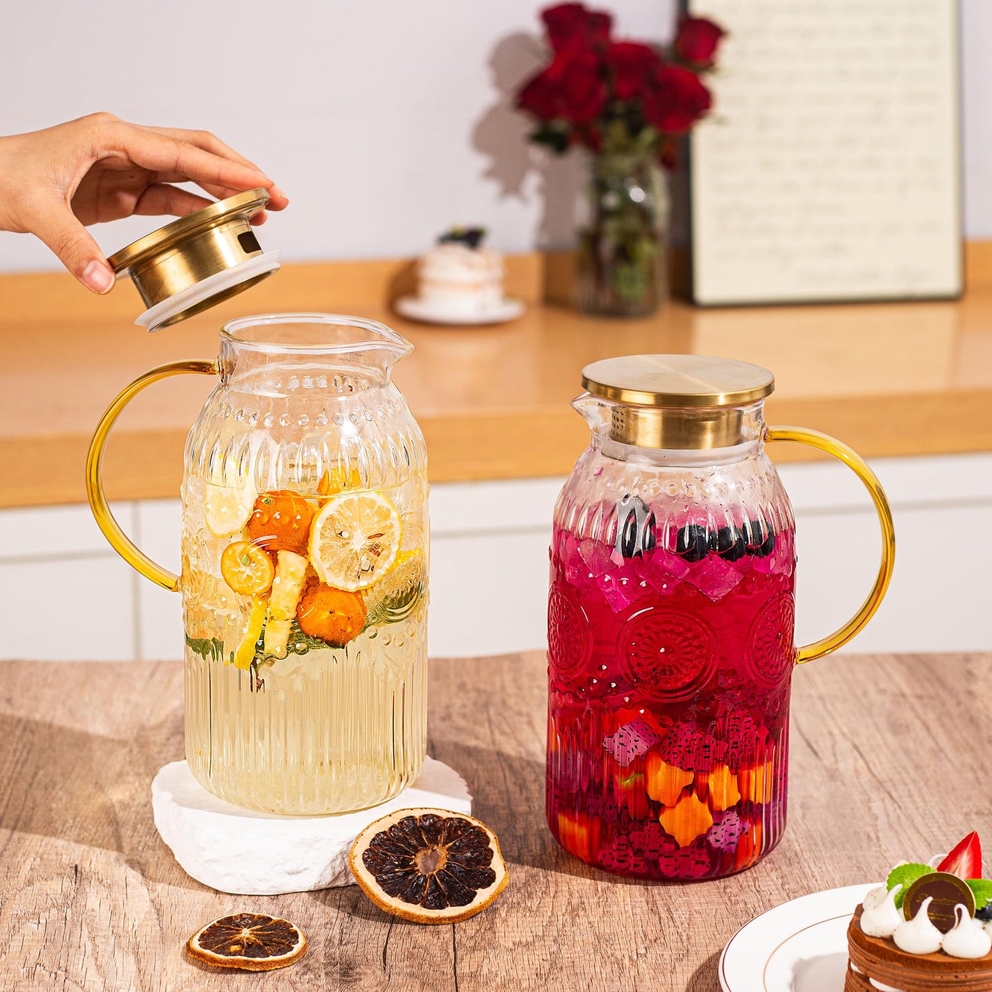 Amzcku Glass Pitcher with Lid, 68 oz/ 2 Liter Vintage Water Pitcher,Glass Water Carafe for Cold Brew, Coffee, Lemonade, Iced Tea,Beverage, Heat Resistant Water Glass Jug 1Pack