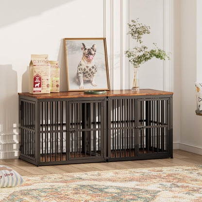 Lyromix 54'' Dog Crate Furniture with Double Rooms,Wooden Crate End Table Heavy Duty Indoor Puppy Cage for 2 Small Dogs, Multiple Units Can be Combined, Rustic Brown