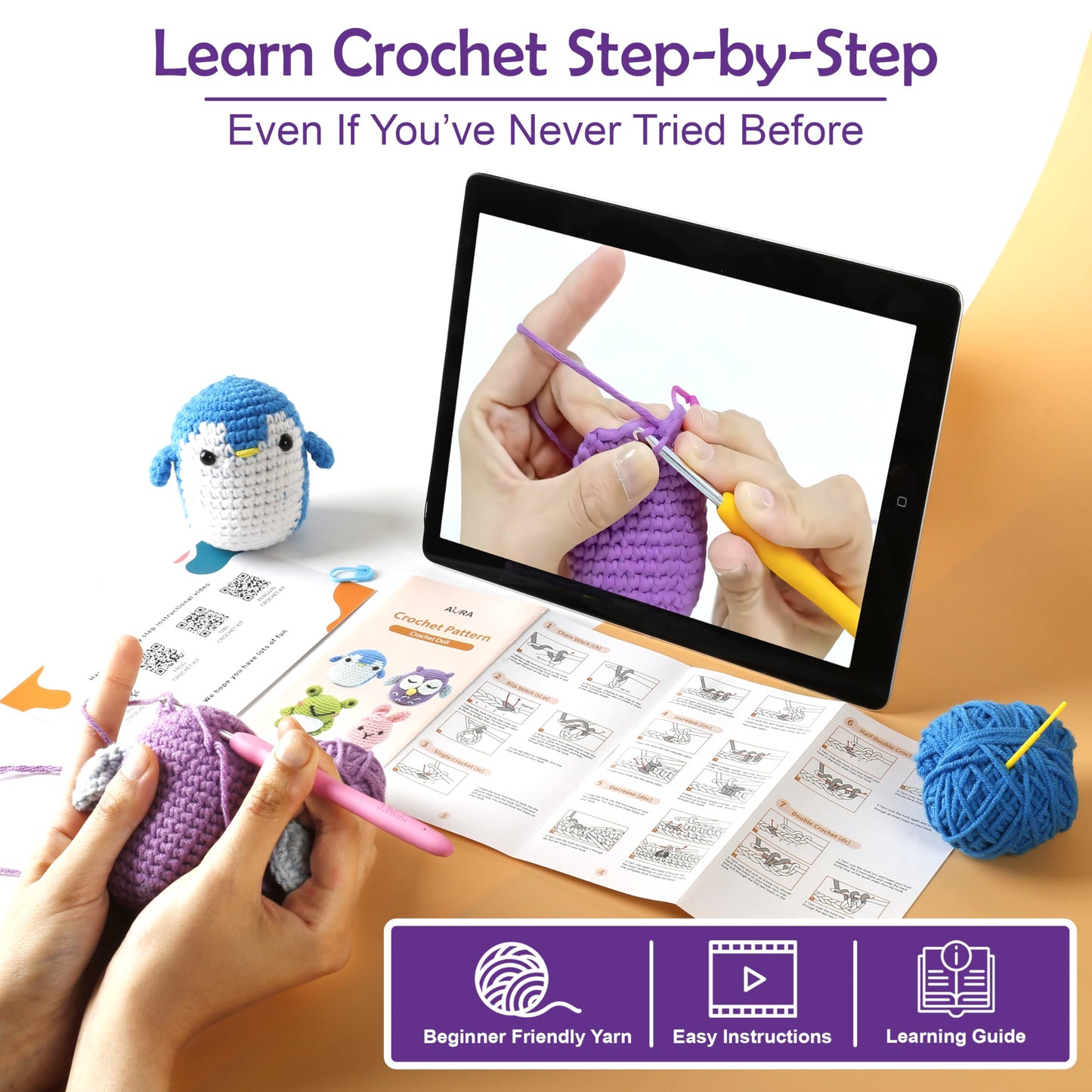 A-URA Learn to Crochet Kit for Beginners Kids and Adults, Premium 4 Animal Pattern Beginner Crochet Kits with Easy Tube Yarn & Step-by-Step Video Tutorials (Forest Friends–Standard Size)